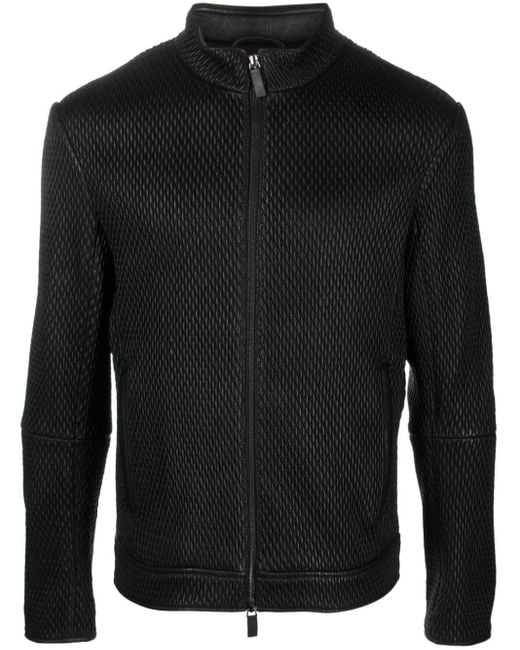 Emporio Armani Black Seersucker-texture Leather Jacket for men