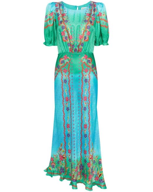 Saloni Blue Vida Floral-print Silk Dress