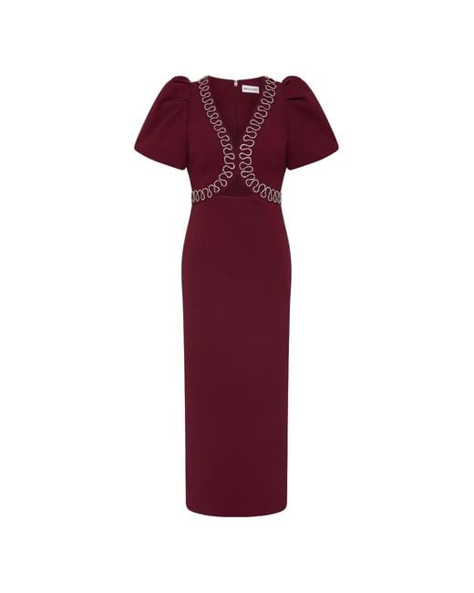 Rebecca Vallance Red Cava Puff-Sleeves Embellished Midi Dress