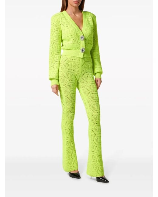 Philipp Plein Green Patterned-Knit Flared Trousers
