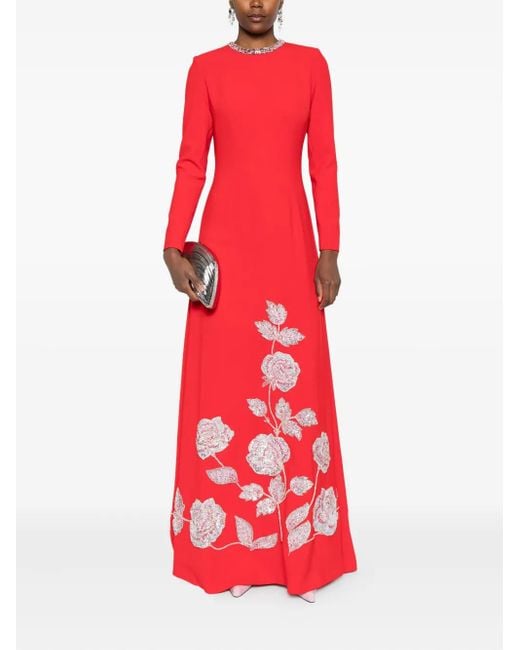 Dina Melwani Red Embellished-rose Maxi Dress