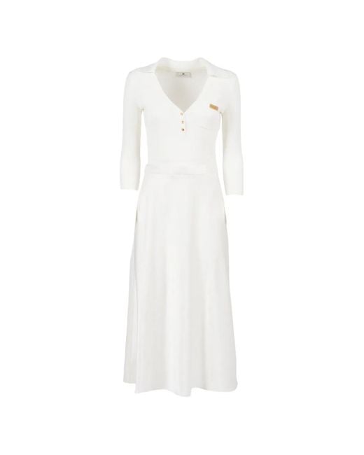 Elisabetta Franchi White Robe Mi-Longue En Maille À Col Côtelé