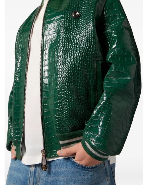 Philipp Plein Green Leather Bomber Jacket for men