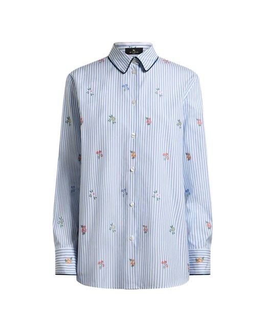 Etro Blue Striped Cotton Jacquard Shirt With Trim And Fil Coupé Flower Motif