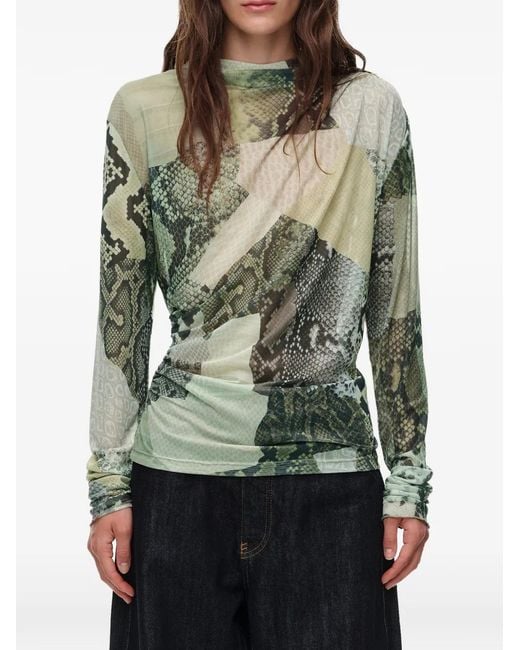 Bimba Y Lola Green Snake-Patchwork Ruched Tulle T-Shirt