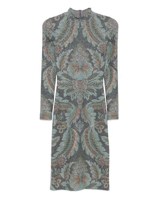 Etro Gray High-Neck Floral-Pattern Dress