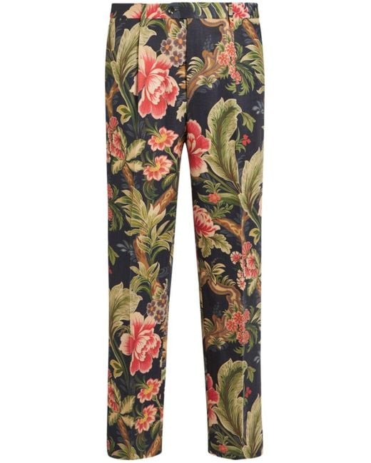 Etro Blue Floral-print Chino Trousers for men