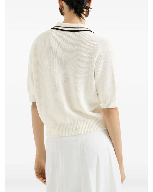 Brunello Cucinelli White Cotton English Rib Knit Polo Shirt