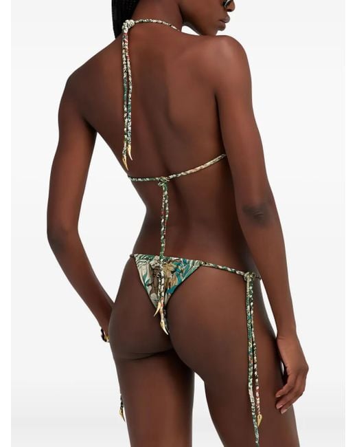 Roberto Cavalli Green Snake-Print Tie-Side Bikini Bottom