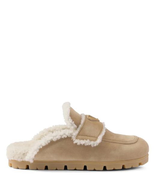 Prada Natural Shearling-Lined Suede Mules