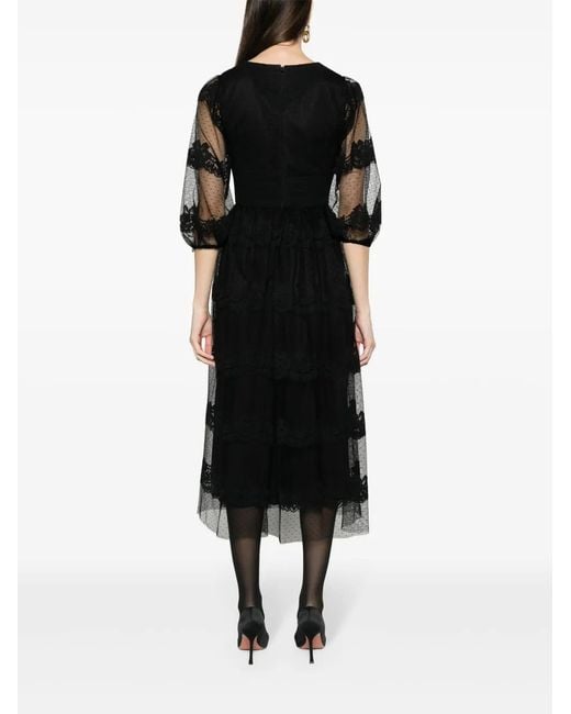 Nissa Black Floral-Lace Tiered Midi Dress