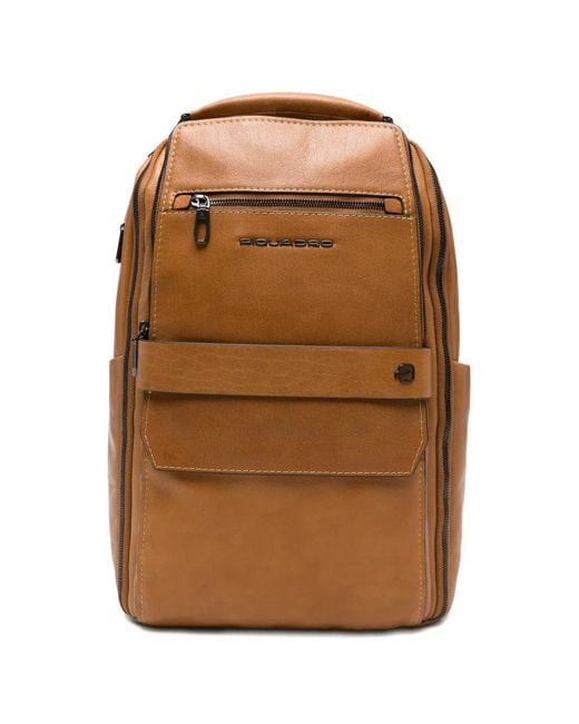 Piquadro Brown Multi-Pocket Leather Backpack for men