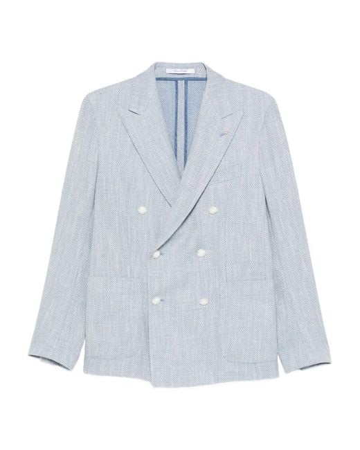 Tagliatore Blue Double-Breasted Herringbone Blazer for men