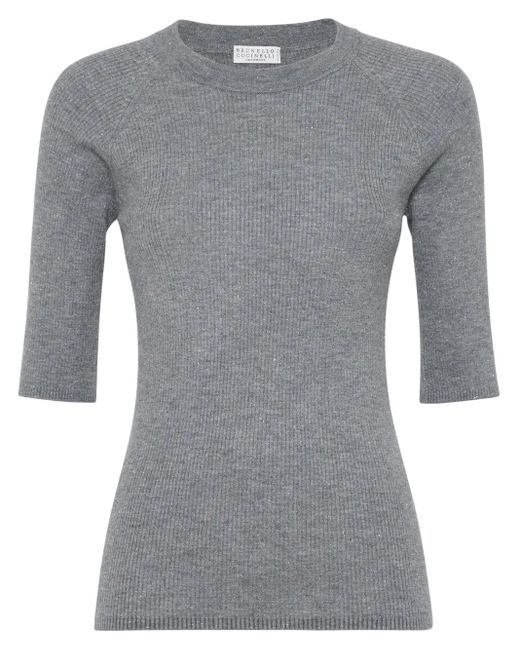Brunello Cucinelli Gray Ribbed Speckle-Knit Top