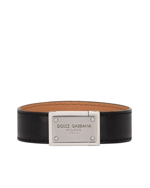 Bracelet en cuir à plaque logo Dolce & Gabbana pour homme en coloris Black