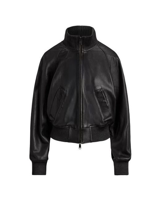 Polo Ralph Lauren Black Ribbed-Trim Leather Jacket