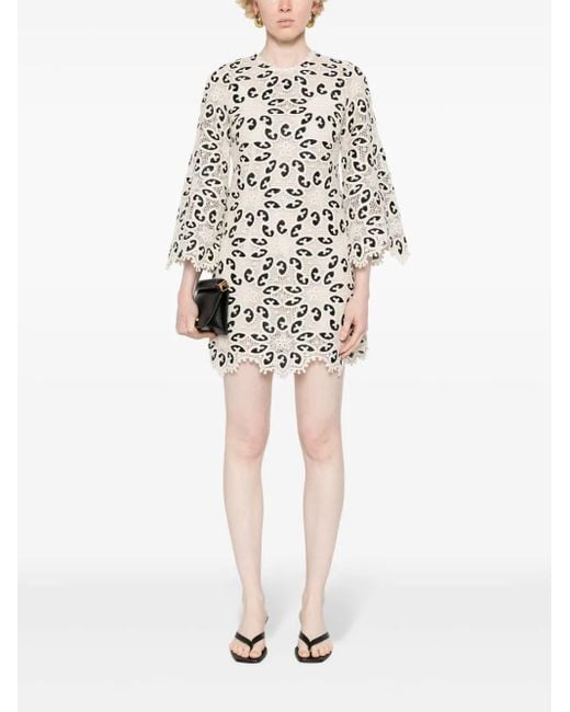 Zimmermann White Short Cotton Dress With Floral Pattern