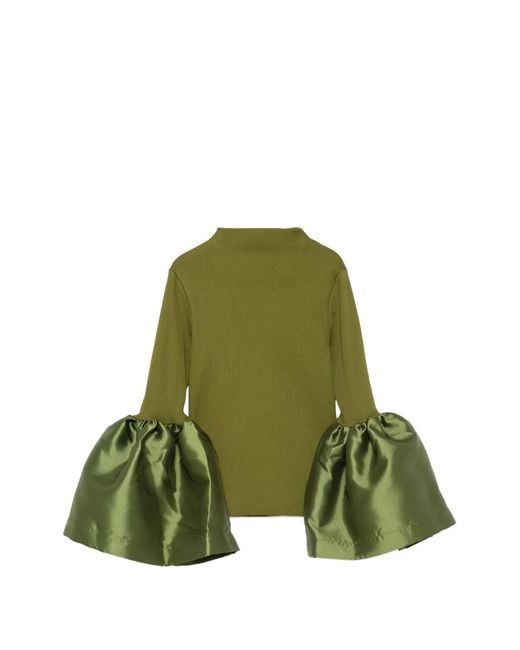 Marques'Almeida Green Ribbed Puff-Sleeve Top