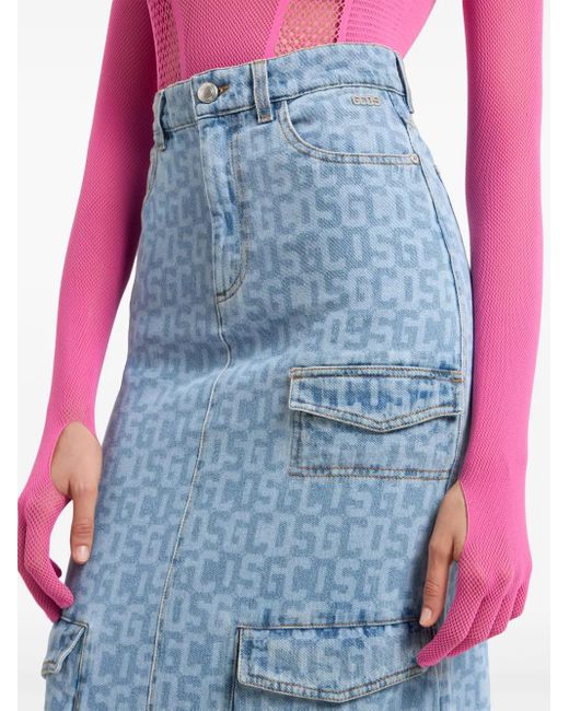 Gcds Blue Monogram Denim Skirt