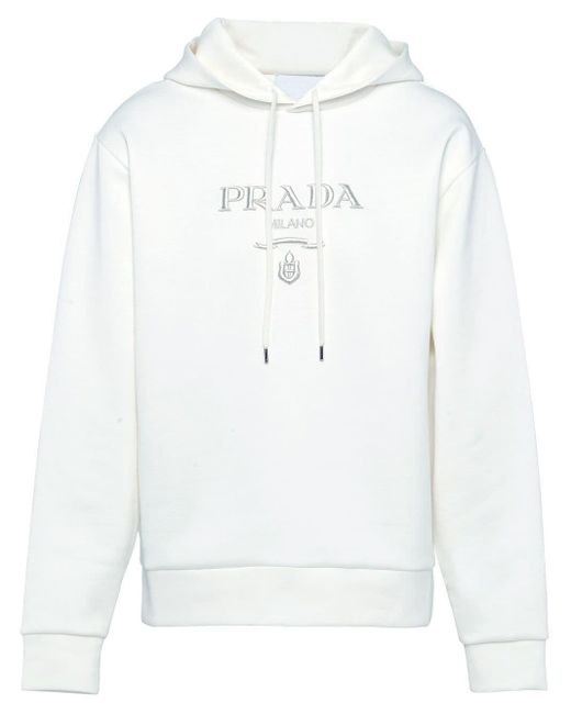 Prada White Logo-embroidered Drawstring Hoodie for men