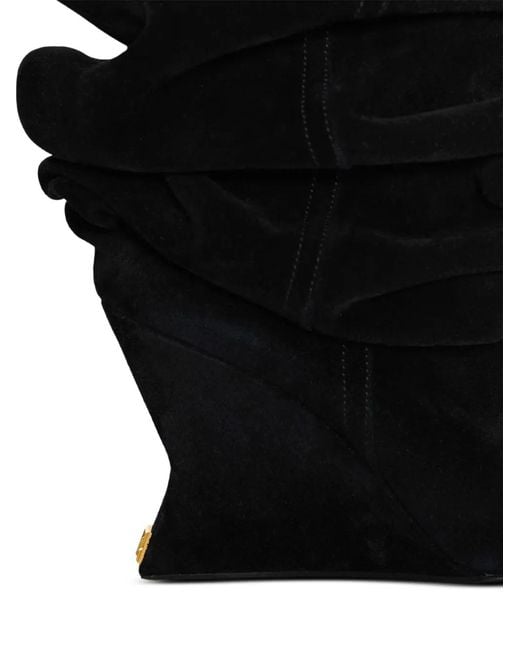 Balmain Black Suede Leather Wedge Thigh-High Boots