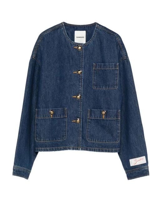 Sandro Blue Button-Up Pocket Denim Jacket