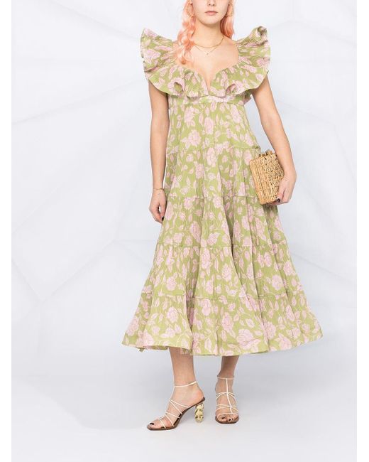 Zimmermann Green Lovestruck Pleated Floral-print Gown