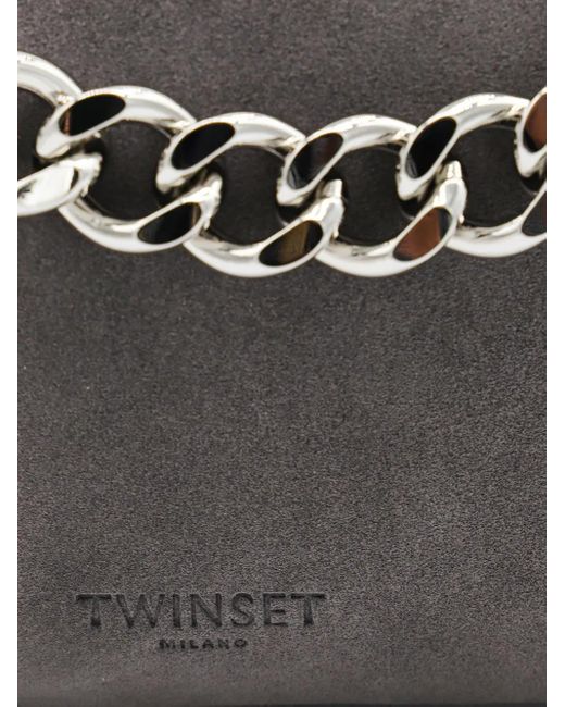 Twinset Gray Liliane Chain-Embellished Suede Shoulder Bag