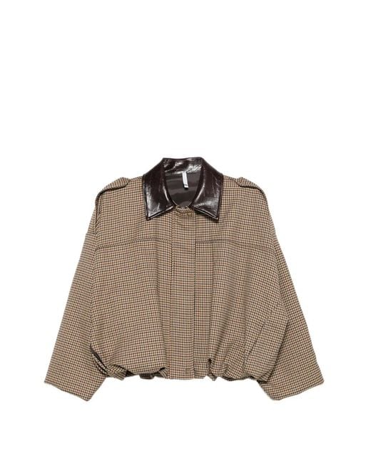 Imperial Brown Houndstooth-Pattern Contrast-Collar Jacket