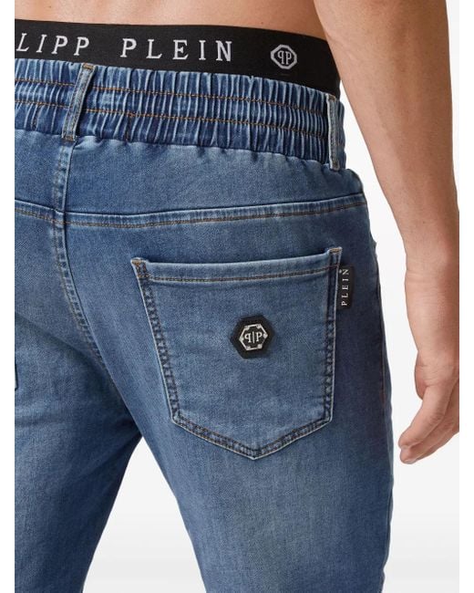 Philipp Plein Blue Ribbed-Detail Slim-Cut Jeans for men