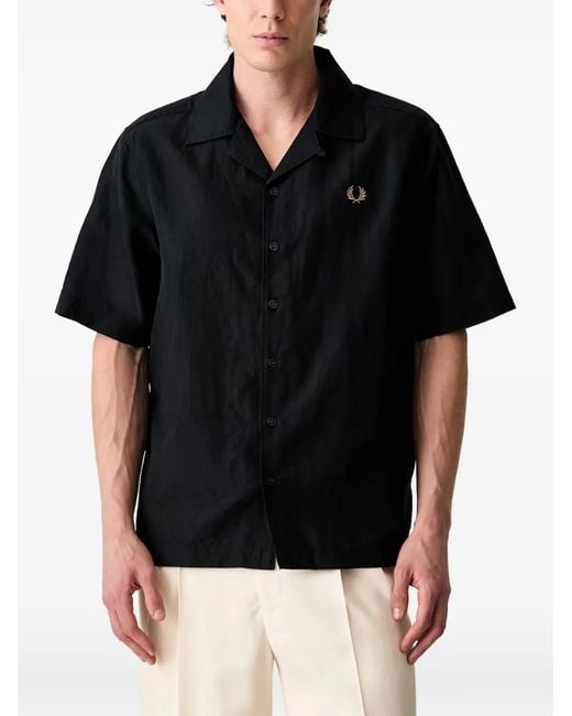 Fred Perry Black Embroidered-Logo Camp-Collar Shirt for men