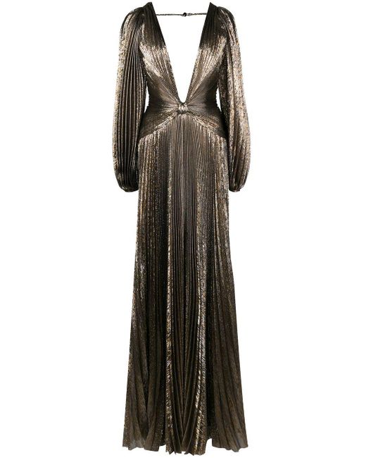 Robe longue plissée à effet métallisé Oscar de la Renta en coloris Metallic