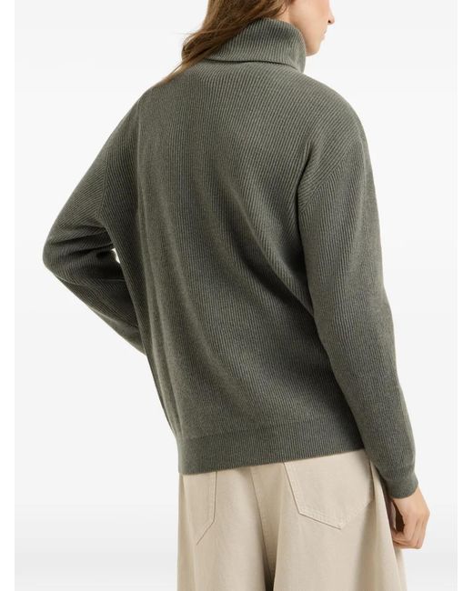 Brunello Cucinelli Green Cashmere English-Rib Turtleneck Sweater With Monili