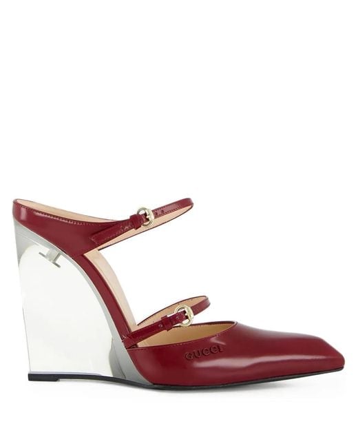Gucci Red Buckle-Detail Wedge Mules