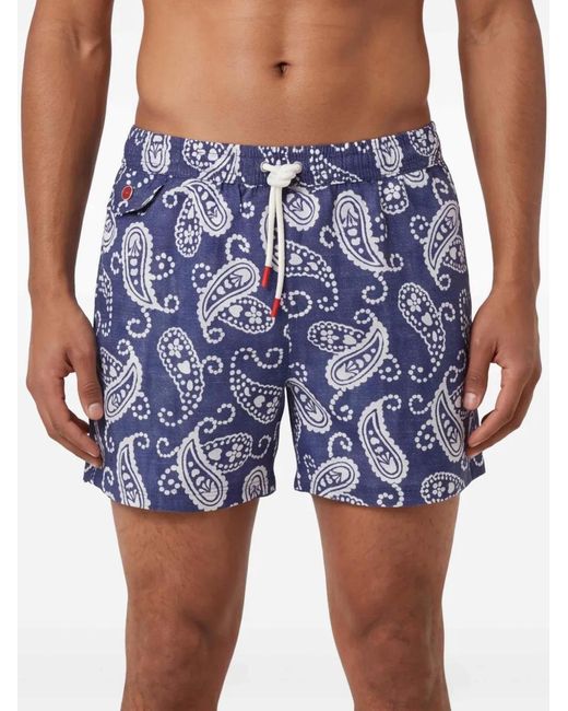 Kiton Blue Patterned Drawstring-Fastening Swim Shorts for men