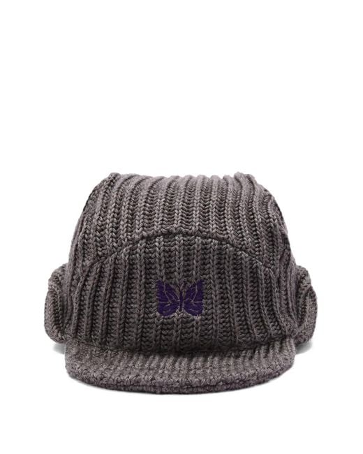 Needles Gray Ribbed-Knit Butterfly Beanie for men