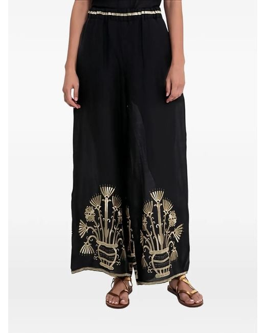 Greek Archaic Kori Black Elastic-Waistband Printed Trousers