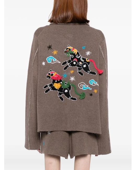 YANYAN KNITS Brown Horse-Embroidered Cardigan