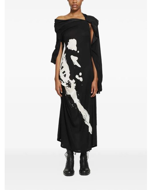 Yohji Yamamoto Black Abstract-Print Draped Dress