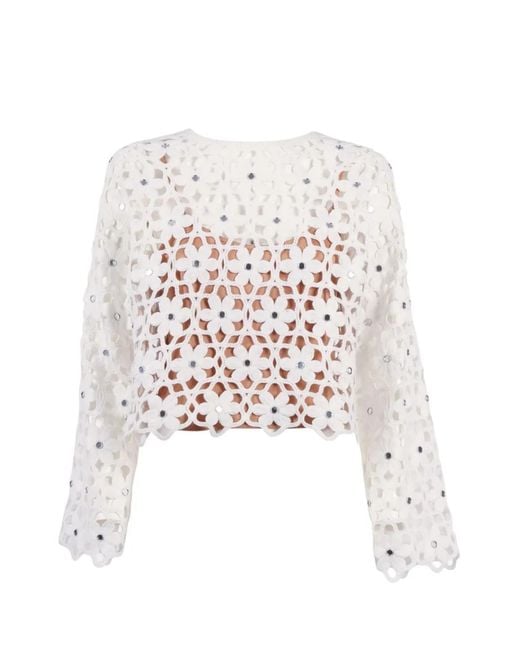 Michael Kors White Mirror-Embellished Floral Crochet Blouse