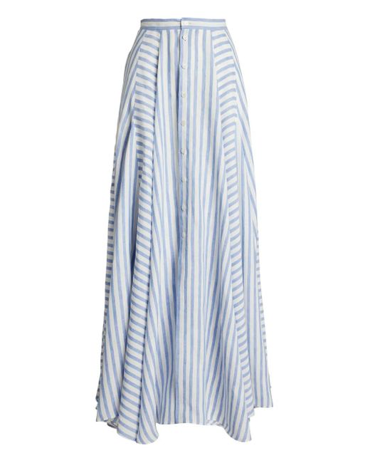 Ralph Lauren Blue Shamus Umbrella Striped Linen Maxi Skirt
