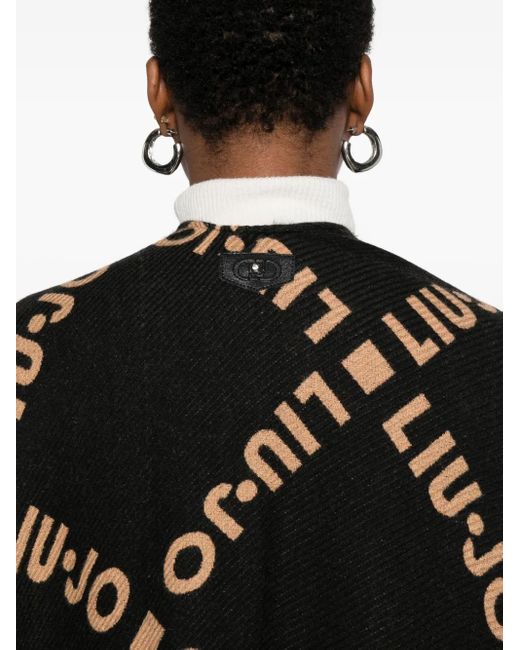 Liu Jo Black Logo-Pattern Fringed Cape