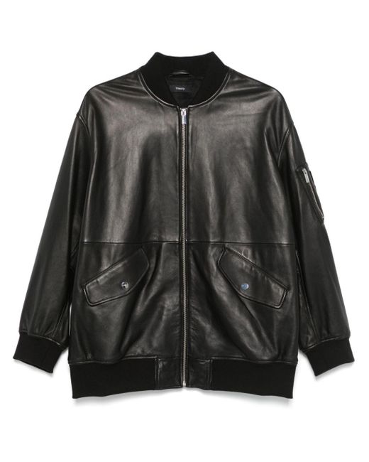 Theory Black Leather Bomber Jacket