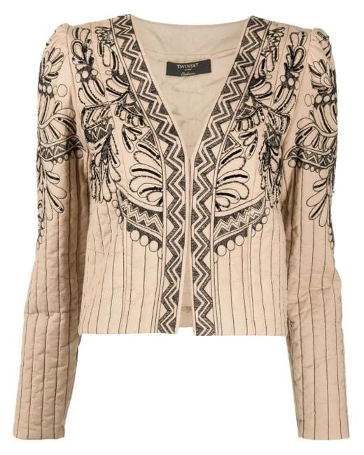 Twinset Natural Graphic-Embroidered Quilted Jacket