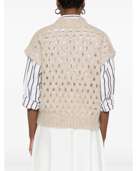 Brunello Cucinelli Natural V-Neck Open-Knit Vest