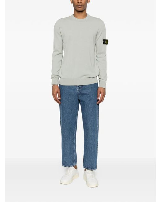 Stone Island White Crewneck Jumper With Rolled Edges for men