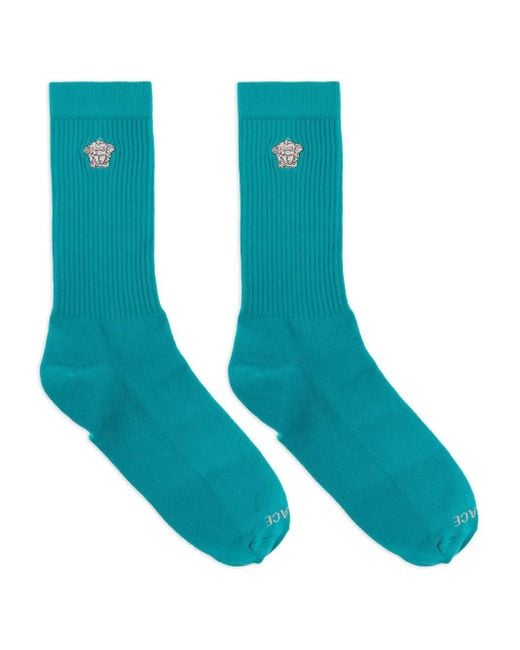 Versace Blue Medusa-Embroidered Ribbed Socks for men