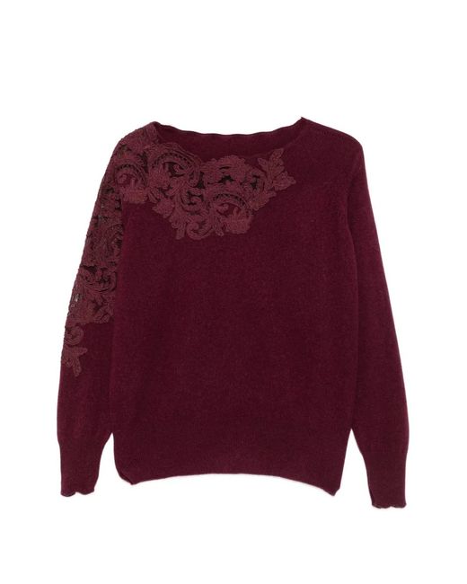 Ermanno Scervino Red Pull En Maille À Ornements En Dentelle Et Col Bateau