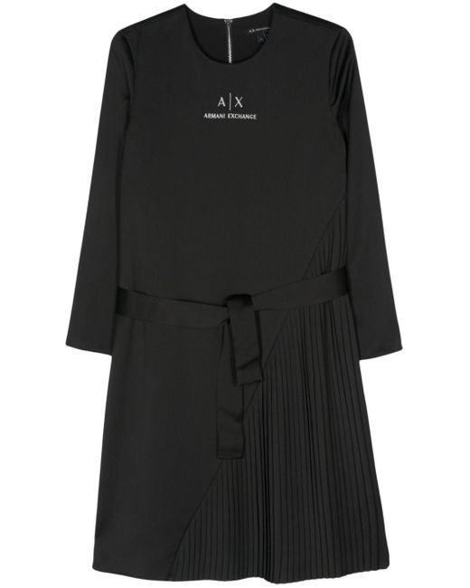 Armani Exchange Black Logo-embroidered Pleated Midi Dress