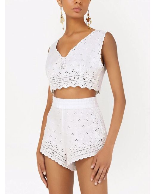 Dolce & Gabbana White Embroidered Linen Crop Top